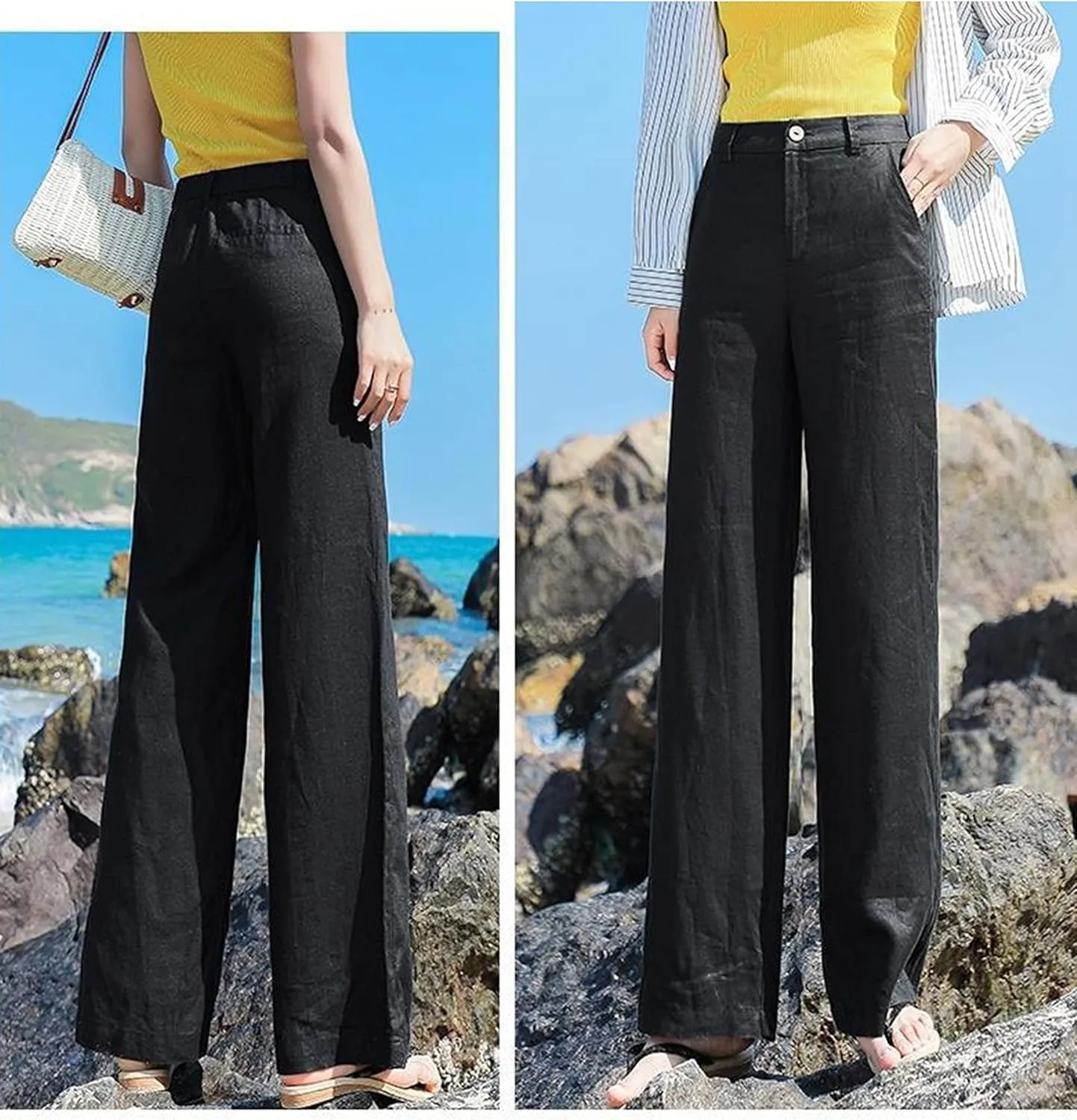 Hooever Womens Casual High Waisted Wide Leg Pants Button Up Straight Leg Trousers
