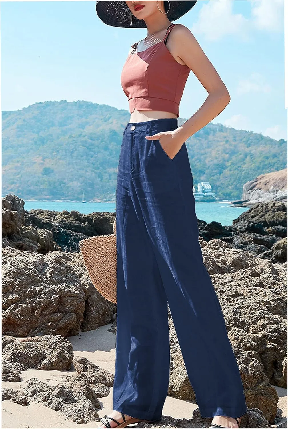Hooever Womens Casual High Waisted Wide Leg Pants Button Up Straight Leg Trousers