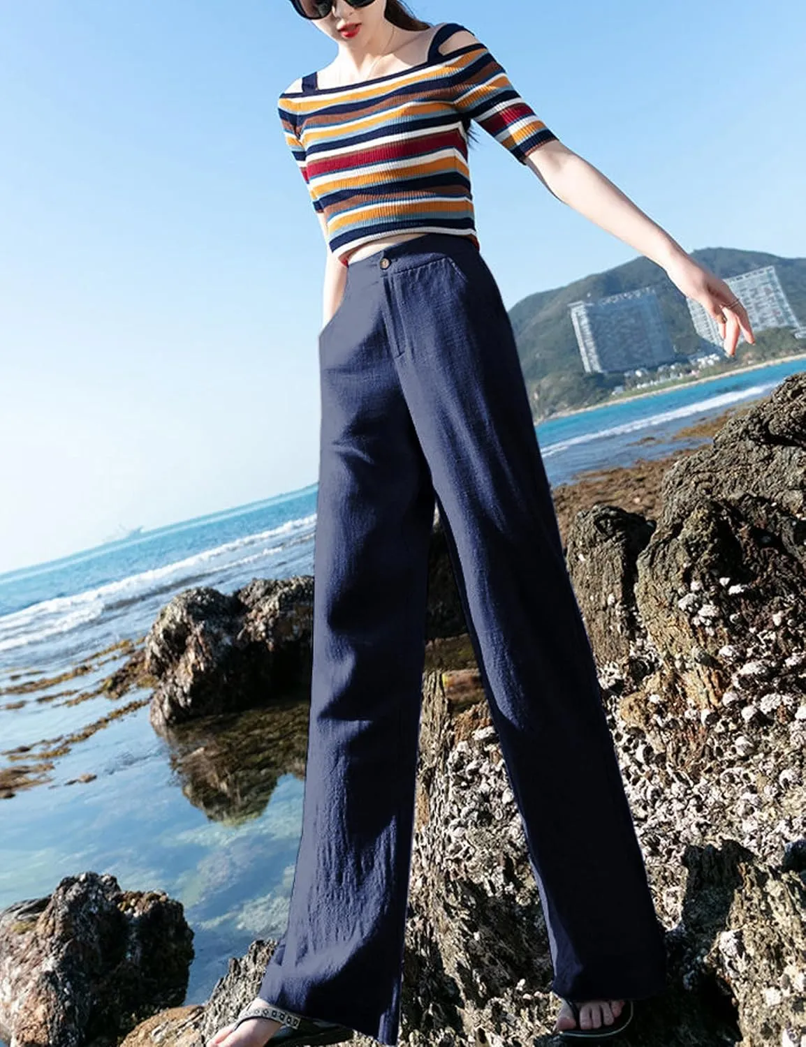 Hooever Womens Casual High Waisted Wide Leg Pants Button Up Straight Leg Trousers