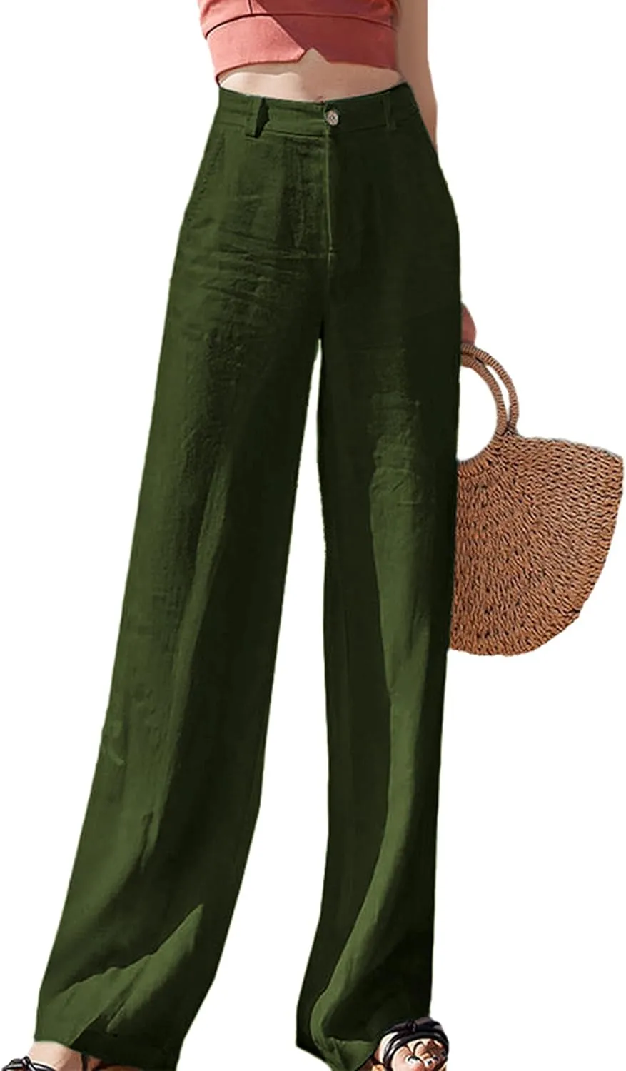 Hooever Womens Casual High Waisted Wide Leg Pants Button Up Straight Leg Trousers
