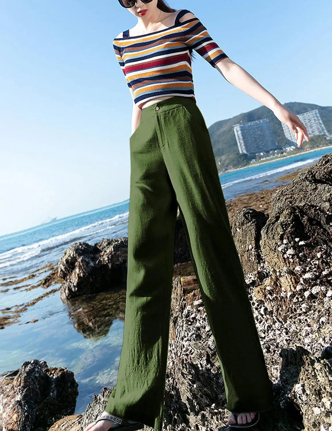 Hooever Womens Casual High Waisted Wide Leg Pants Button Up Straight Leg Trousers