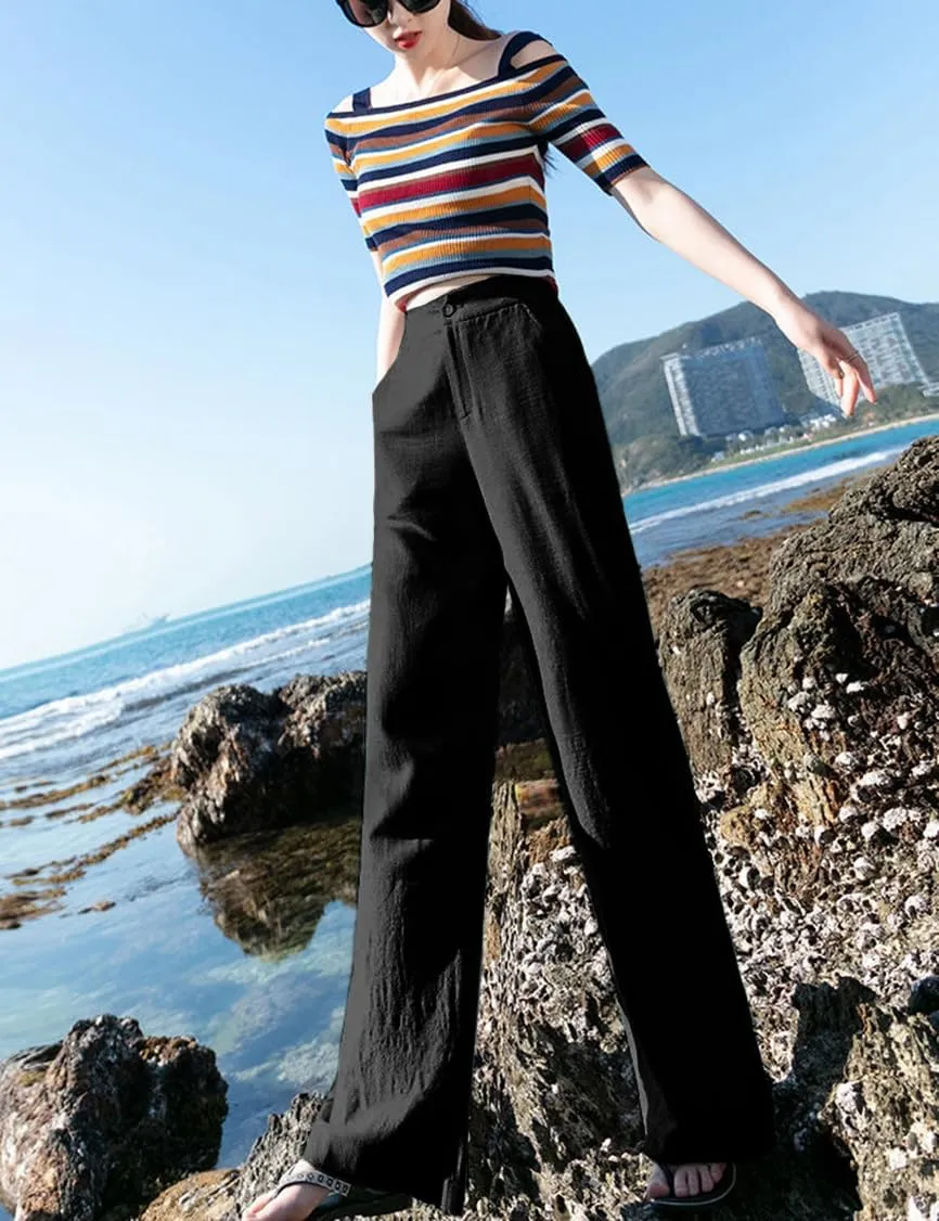 Hooever Womens Casual High Waisted Wide Leg Pants Button Up Straight Leg Trousers