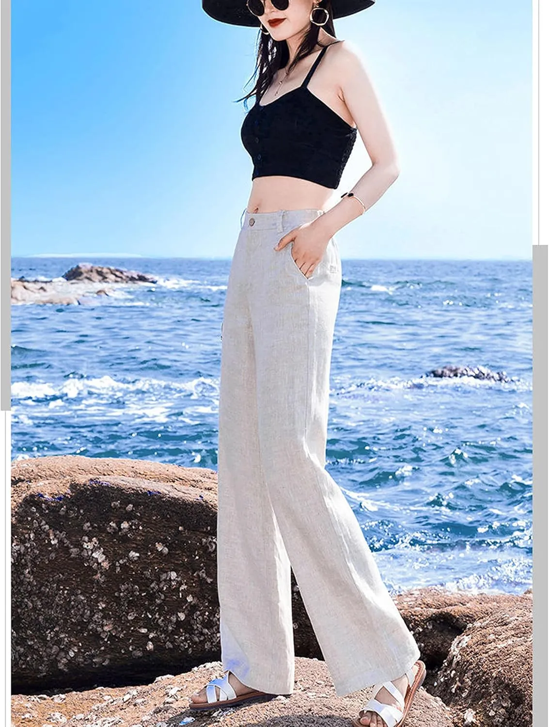 Hooever Womens Casual High Waisted Wide Leg Pants Button Up Straight Leg Trousers