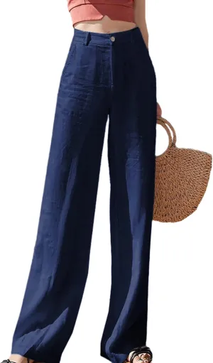 Hooever Womens Casual High Waisted Wide Leg Pants Button Up Straight Leg Trousers