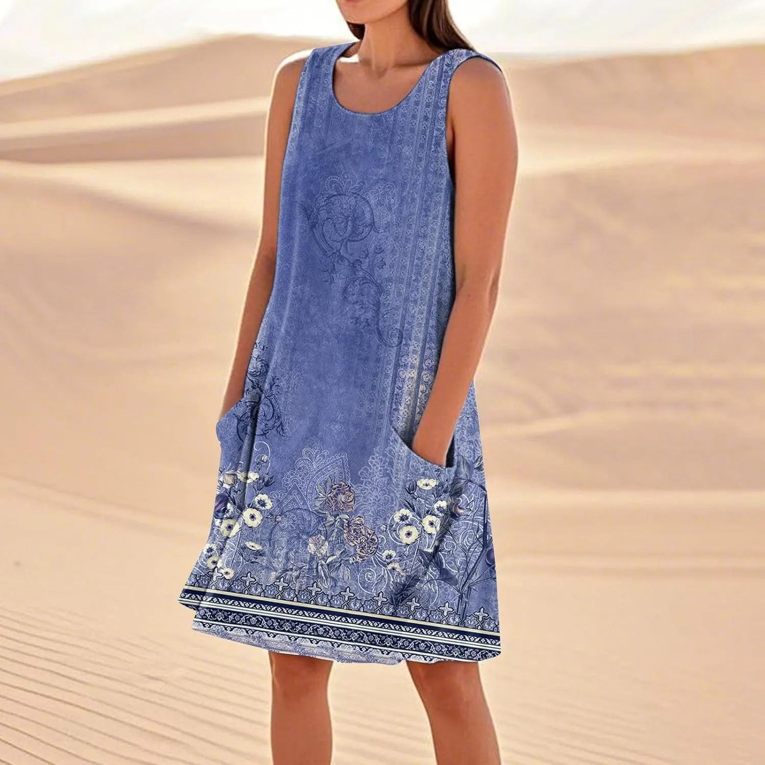 HTHLVMD Women's Summer Cotton Linen Midi Dress Sleeveless Elegant Flowy Dresses Plus Size Loose Comfy Dress with Pockets