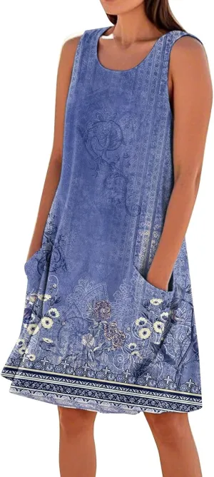 HTHLVMD Women's Summer Cotton Linen Midi Dress Sleeveless Elegant Flowy Dresses Plus Size Loose Comfy Dress with Pockets