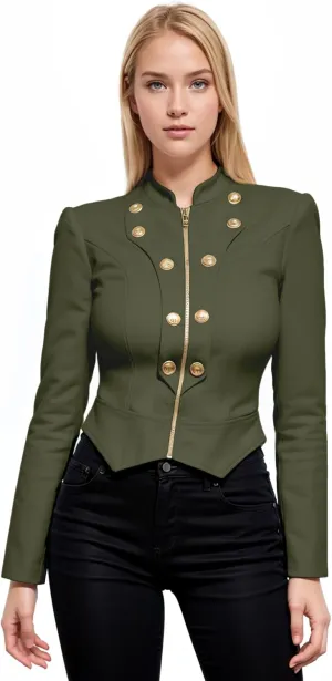 Hybrid & Company Women's Fashion Military Crop Premium Ultra Stretch Gold/Sliver Millennium Zipper Up Dressy Blazer Jacket