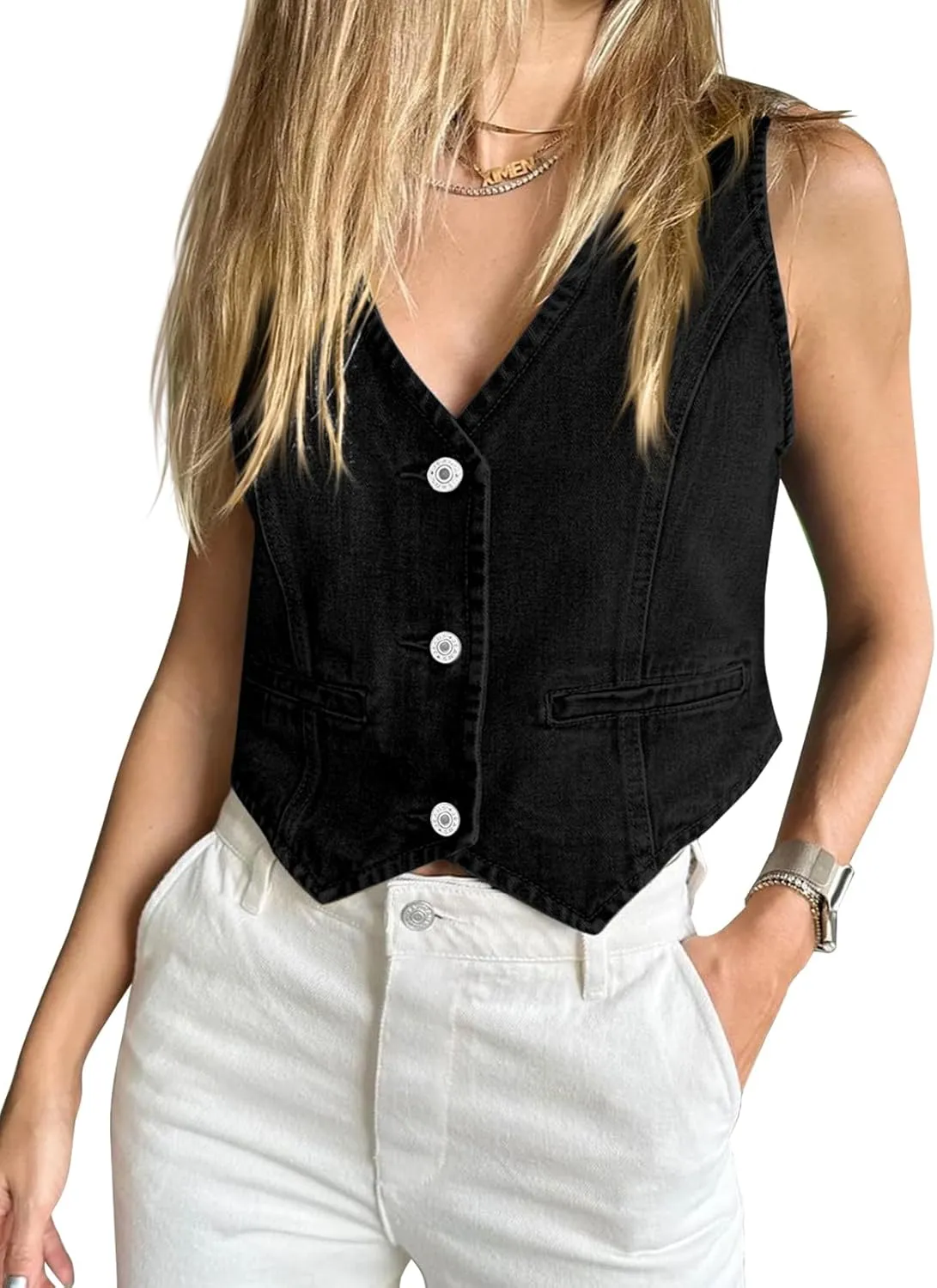 Imily Bela Womens Denim Vest Sleeveless V Neck Button Down Jean Waistcoat Jacket Y2K Summer Crop Tops