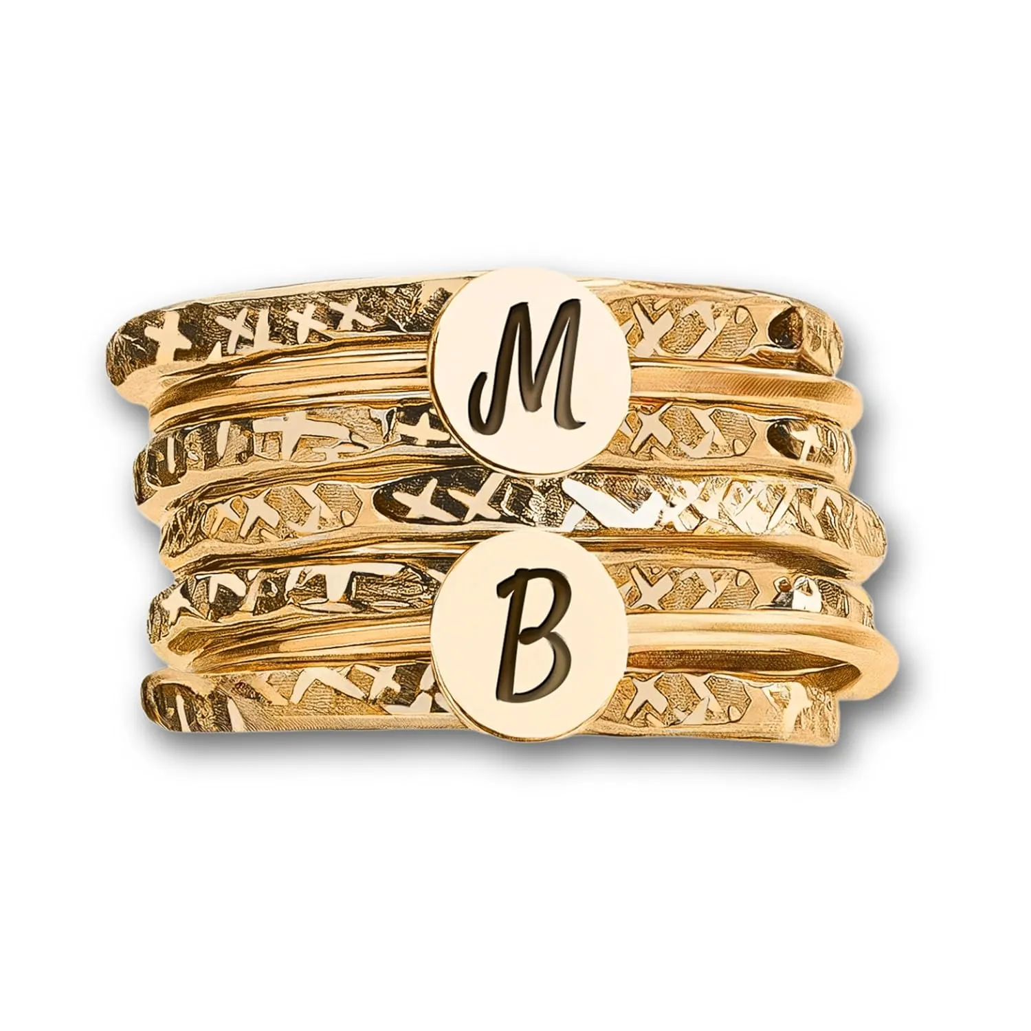 Initial Stacking Rings Set Of 7 In Gold, Silver, Or Rose Gold | Personalized Custom Letter Monogram Stackable Family Ring (14K Gold Fill, 4)
