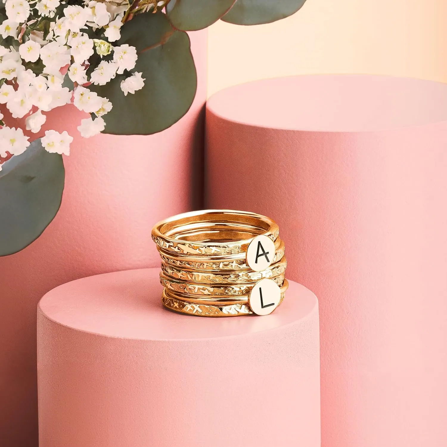 Initial Stacking Rings Set Of 7 In Gold, Silver, Or Rose Gold | Personalized Custom Letter Monogram Stackable Family Ring (14K Gold Fill, 4)