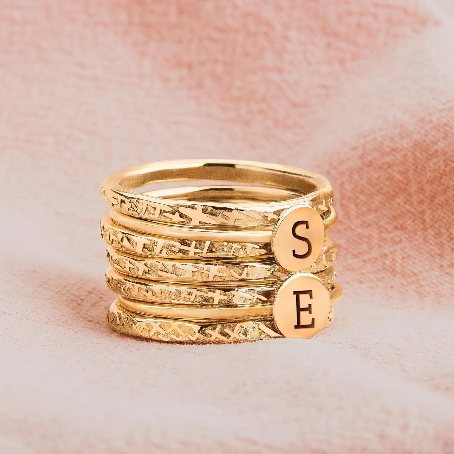 Initial Stacking Rings Set Of 7 In Gold, Silver, Or Rose Gold | Personalized Custom Letter Monogram Stackable Family Ring (14K Gold Fill, 4)