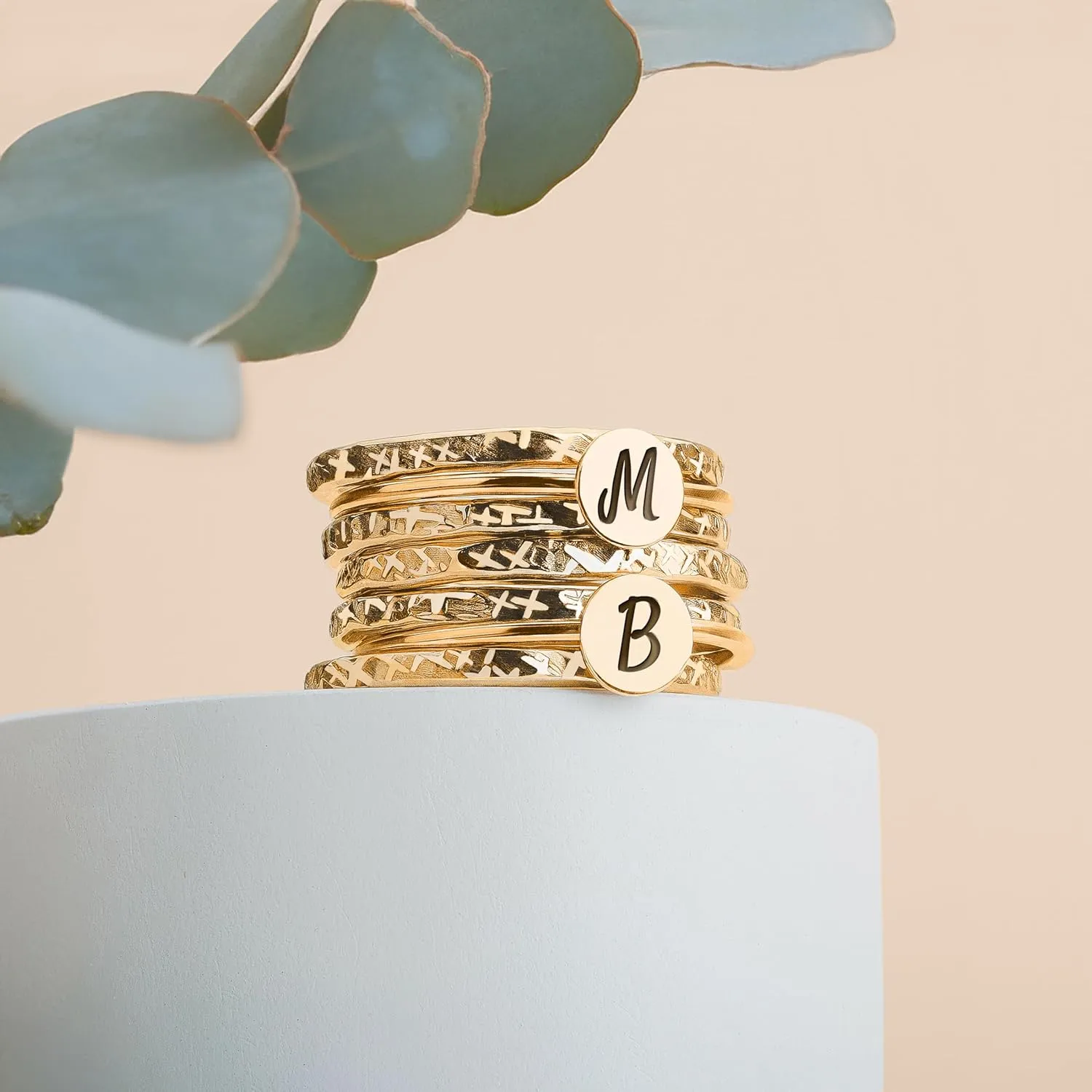 Initial Stacking Rings Set Of 7 In Gold, Silver, Or Rose Gold | Personalized Custom Letter Monogram Stackable Family Ring (14K Gold Fill, 4)