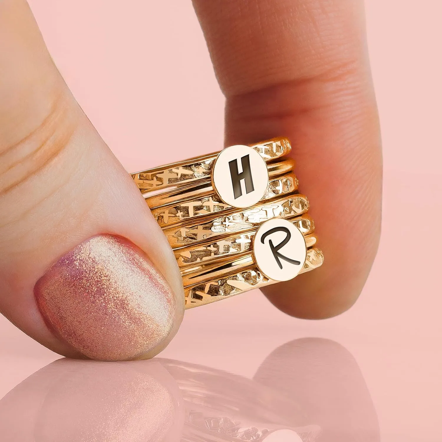 Initial Stacking Rings Set Of 7 In Gold, Silver, Or Rose Gold | Personalized Custom Letter Monogram Stackable Family Ring (14K Gold Fill, 4)