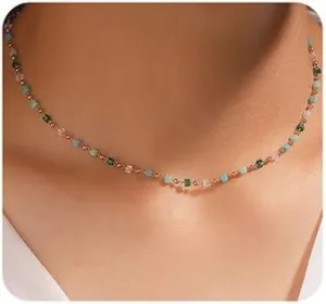 Jumwrit Bohemian Beaded Choker Necklaces Dainty Green Cubic Crystal Necklaces Boho Summer Beach Jewelry Prom Party Festival Necklaces Gift for Women