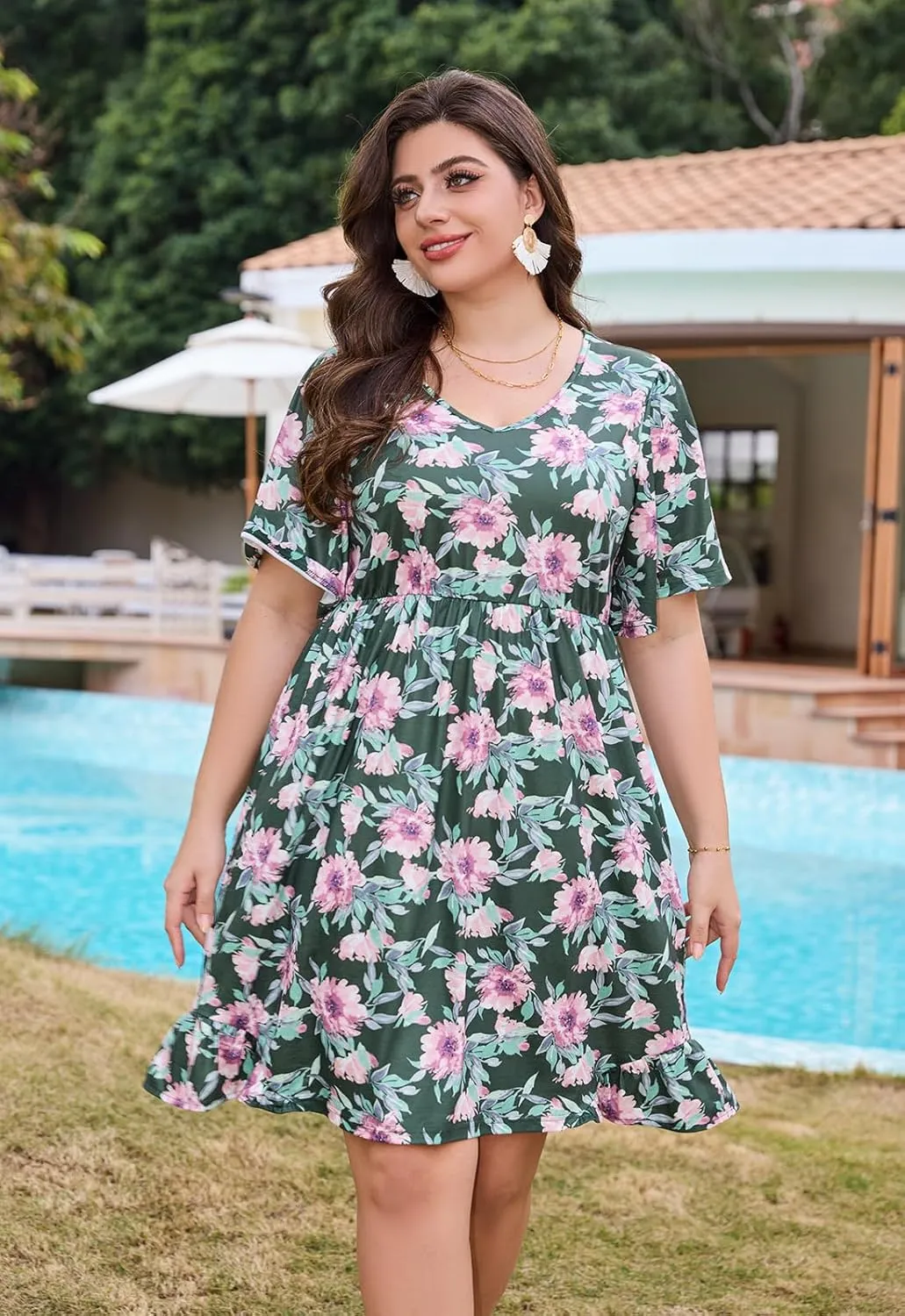 Keluummi Plus Size Summer Midi Dresses for Curvy Women, Casual Floral Dress with V Neck, Flutter Sleeve and Pocket