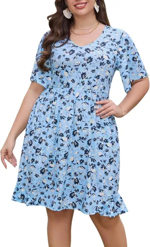 Keluummi Plus Size Summer Midi Dresses for Curvy Women, Casual Floral Dress with V Neck, Flutter Sleeve and Pocket