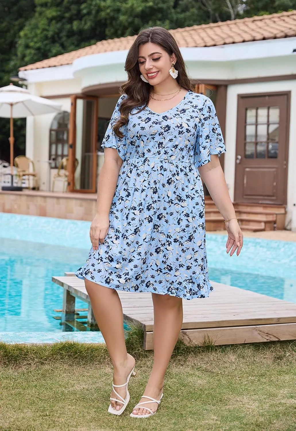 Keluummi Plus Size Summer Midi Dresses for Curvy Women, Casual Floral Dress with V Neck, Flutter Sleeve and Pocket