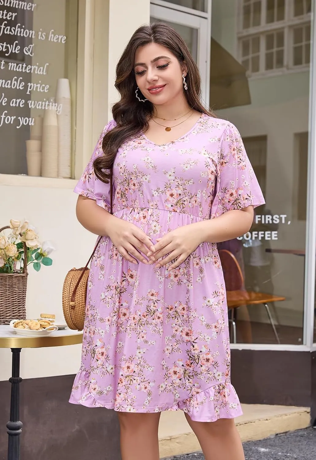 Keluummi Plus Size Summer Midi Dresses for Curvy Women, Casual Floral Dress with V Neck, Flutter Sleeve and Pocket