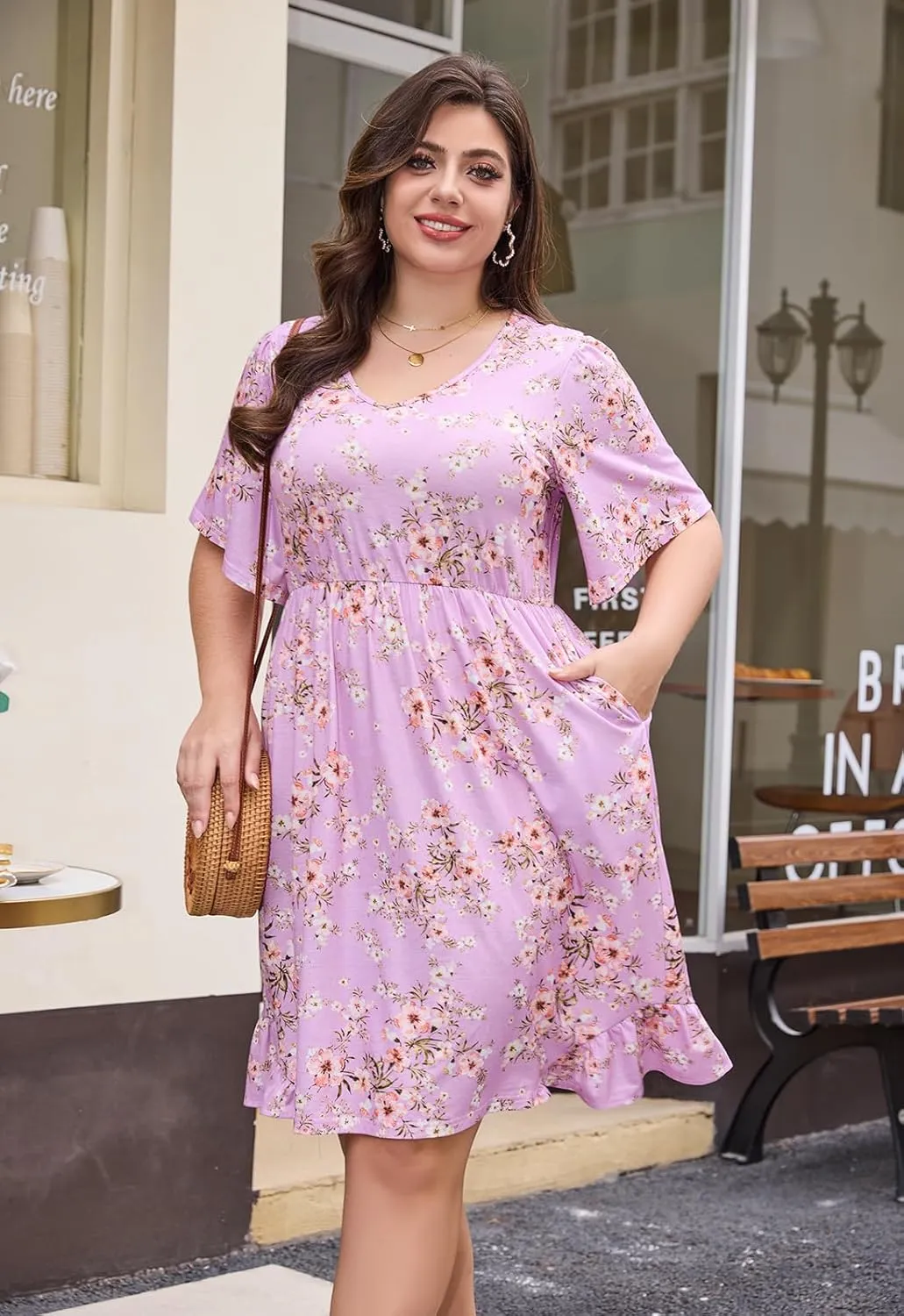 Keluummi Plus Size Summer Midi Dresses for Curvy Women, Casual Floral Dress with V Neck, Flutter Sleeve and Pocket