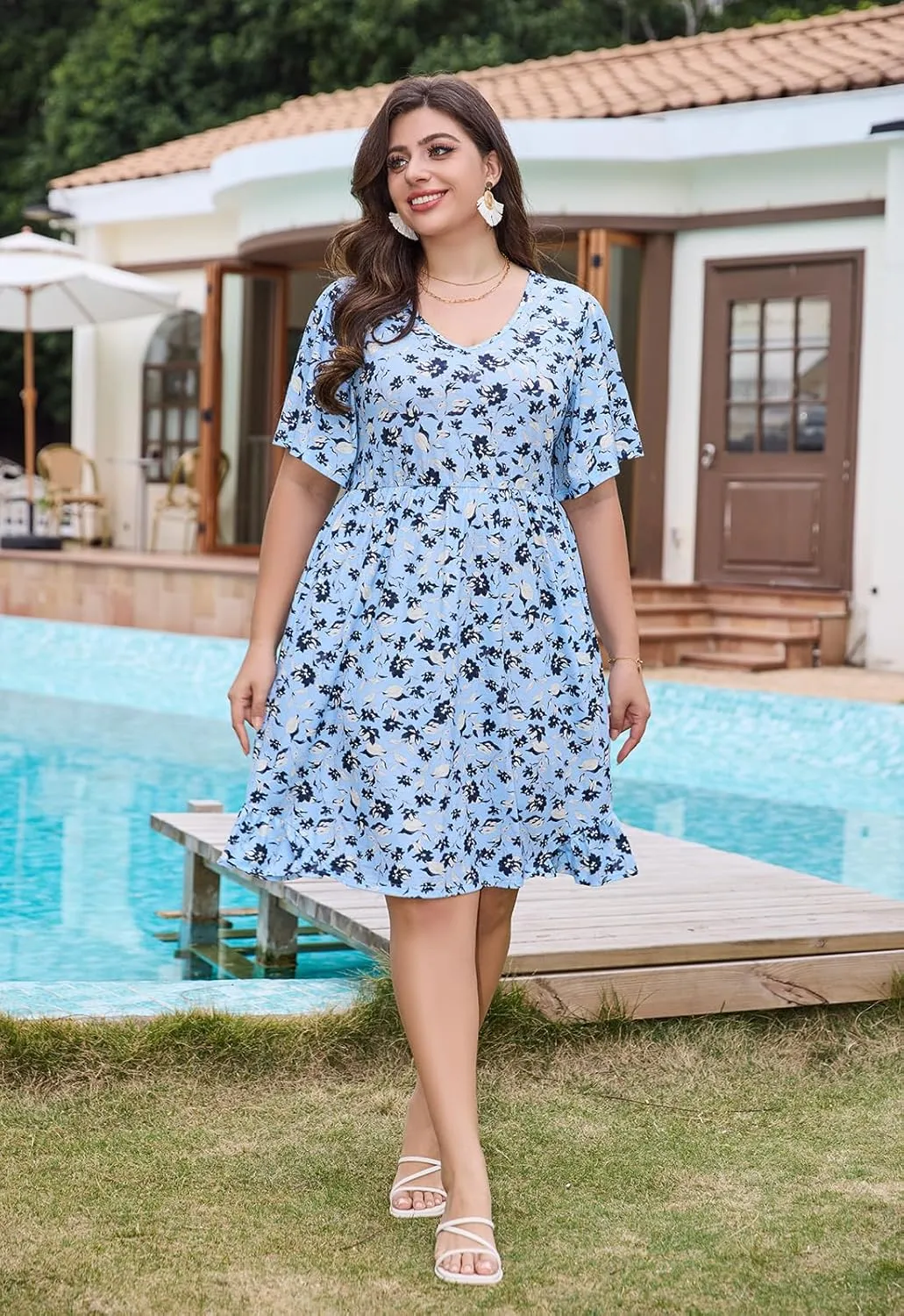 Keluummi Plus Size Summer Midi Dresses for Curvy Women, Casual Floral Dress with V Neck, Flutter Sleeve and Pocket