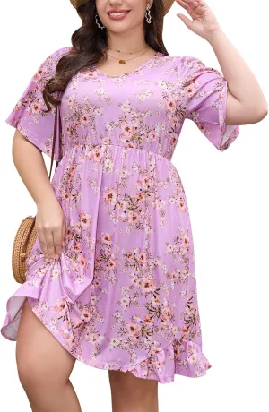 Keluummi Plus Size Summer Midi Dresses for Curvy Women, Casual Floral Dress with V Neck, Flutter Sleeve and Pocket
