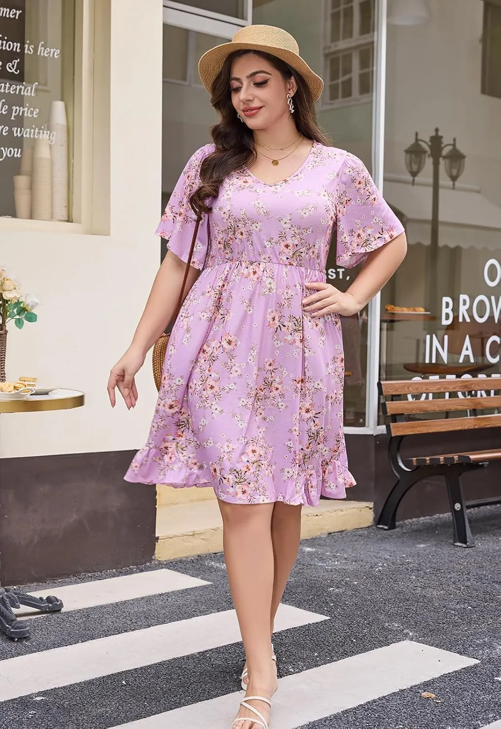 Keluummi Plus Size Summer Midi Dresses for Curvy Women, Casual Floral Dress with V Neck, Flutter Sleeve and Pocket