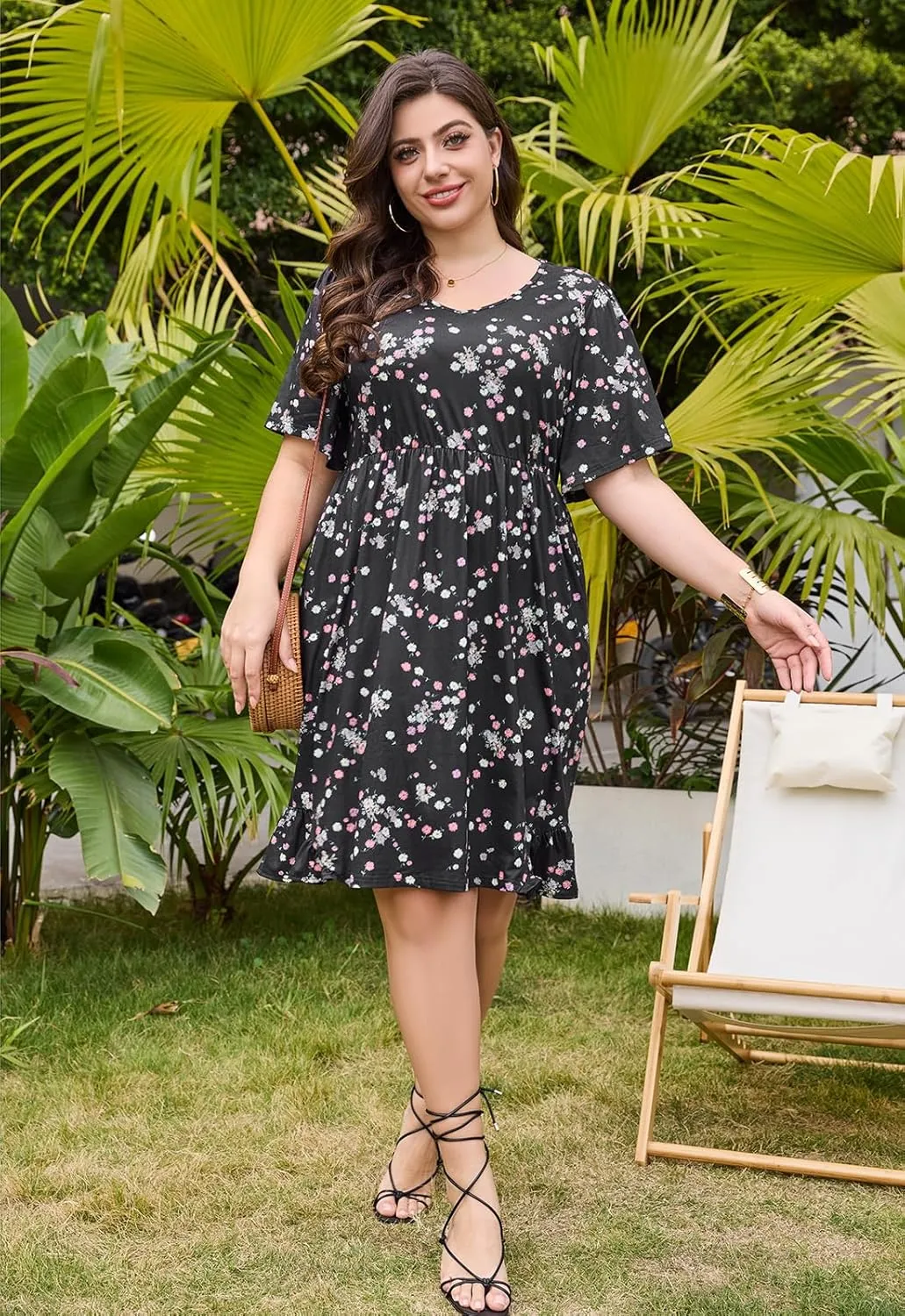 Keluummi Plus Size Summer Midi Dresses for Curvy Women, Casual Floral Dress with V Neck, Flutter Sleeve and Pocket