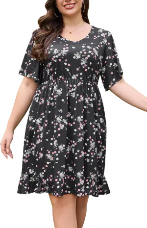 Keluummi Plus Size Summer Midi Dresses for Curvy Women, Casual Floral Dress with V Neck, Flutter Sleeve and Pocket