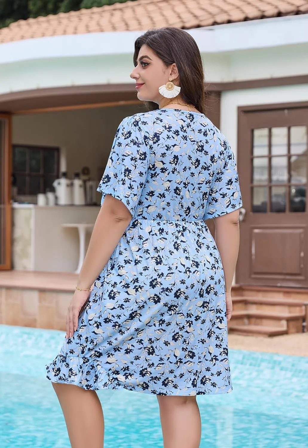 Keluummi Plus Size Summer Midi Dresses for Curvy Women, Casual Floral Dress with V Neck, Flutter Sleeve and Pocket