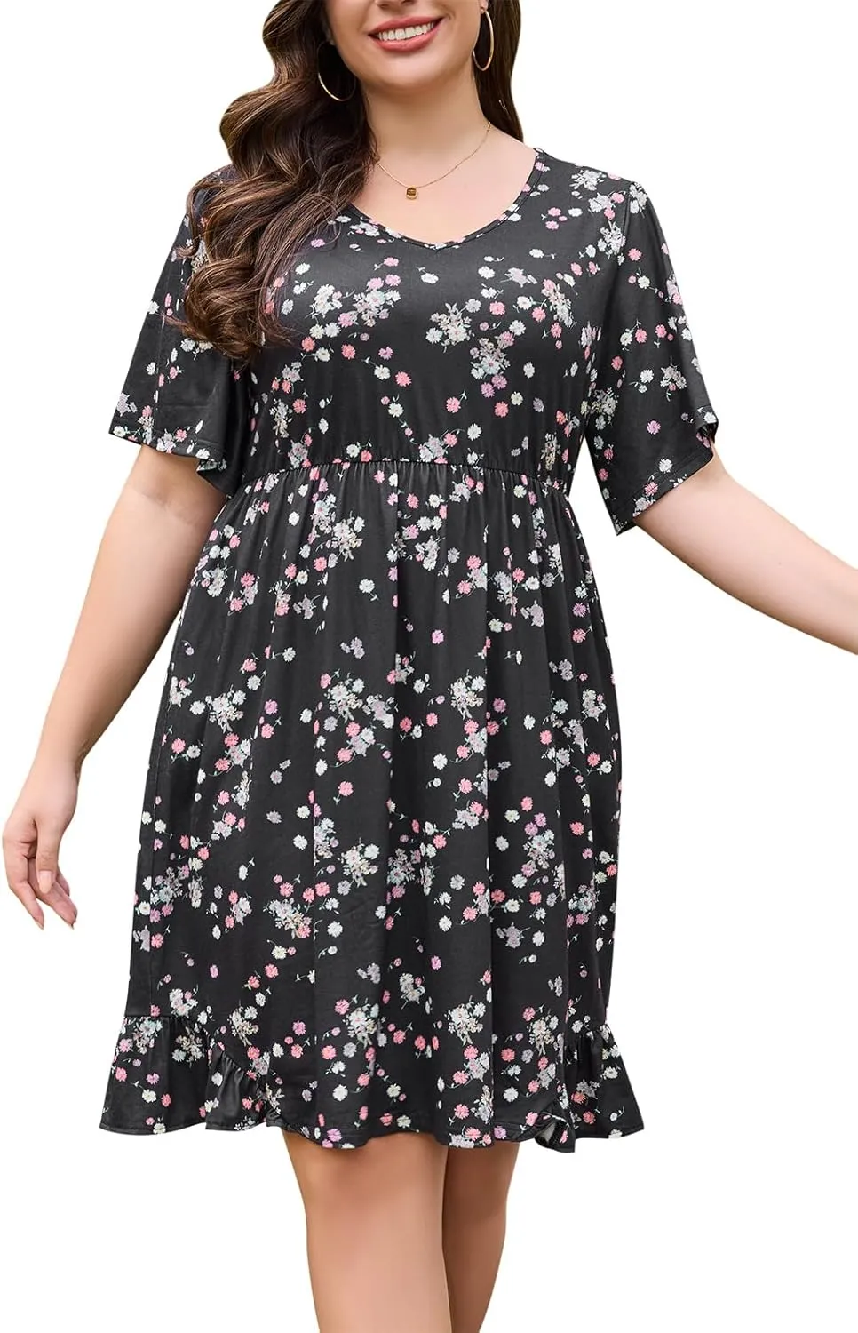 Keluummi Plus Size Summer Midi Dresses for Curvy Women, Casual Floral Dress with V Neck, Flutter Sleeve and Pocket