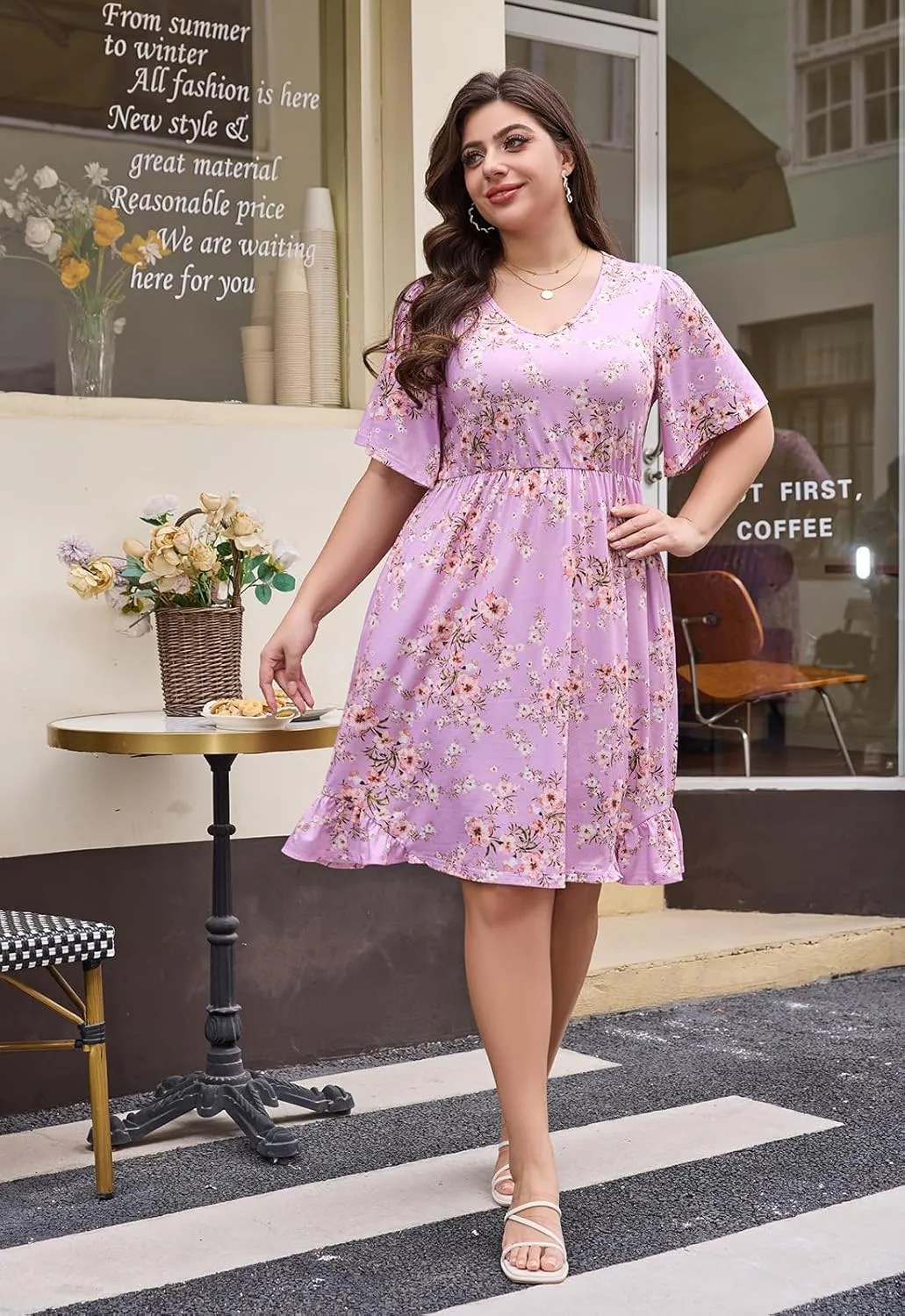 Keluummi Plus Size Summer Midi Dresses for Curvy Women, Casual Floral Dress with V Neck, Flutter Sleeve and Pocket