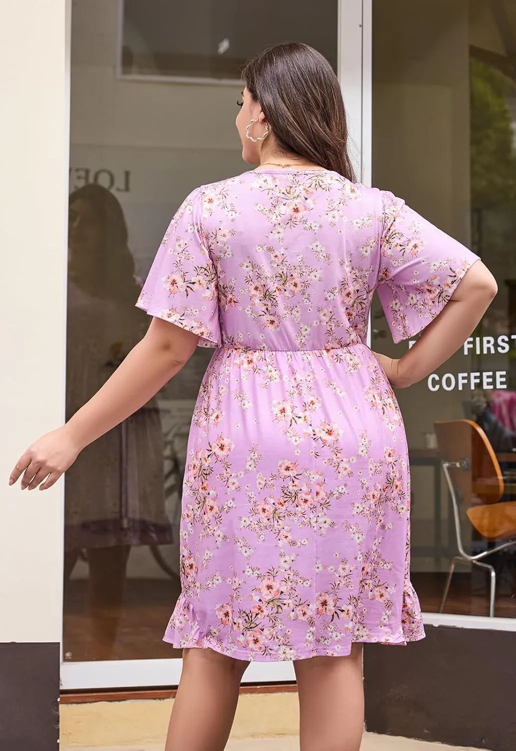 Keluummi Plus Size Summer Midi Dresses for Curvy Women, Casual Floral Dress with V Neck, Flutter Sleeve and Pocket