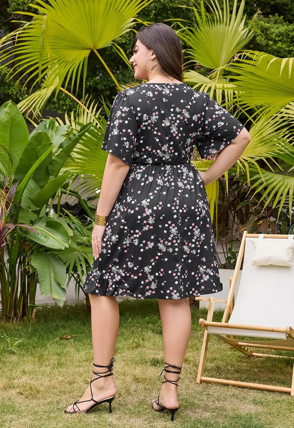 Keluummi Plus Size Summer Midi Dresses for Curvy Women, Casual Floral Dress with V Neck, Flutter Sleeve and Pocket
