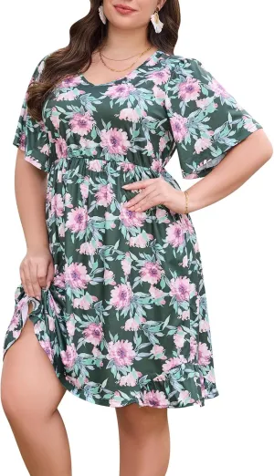 Keluummi Plus Size Summer Midi Dresses for Curvy Women, Casual Floral Dress with V Neck, Flutter Sleeve and Pocket