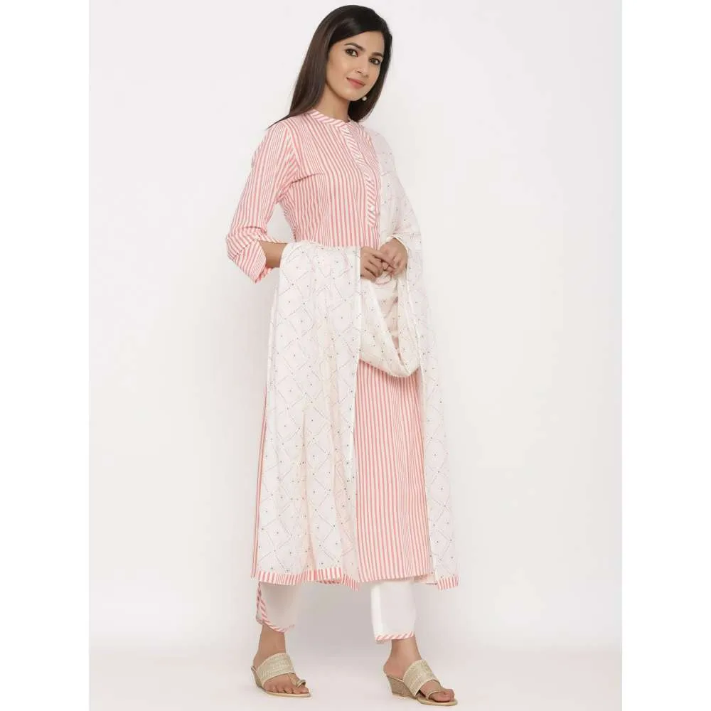 Kipek Womens Lahariya Printed Cotton Fabric Kurta With Pant and Dupatta Peach Color (Set of 3)