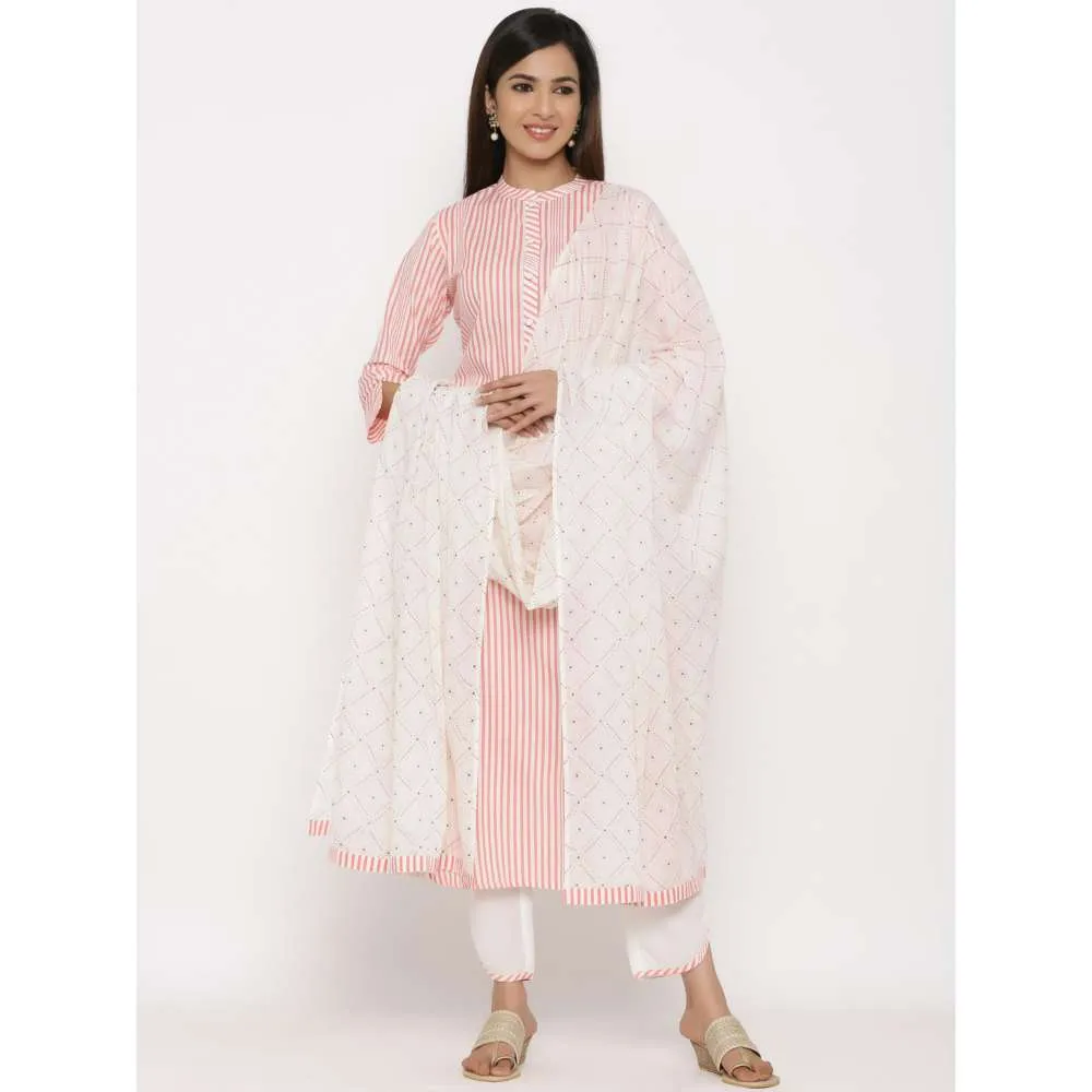Kipek Womens Lahariya Printed Cotton Fabric Kurta With Pant and Dupatta Peach Color (Set of 3)