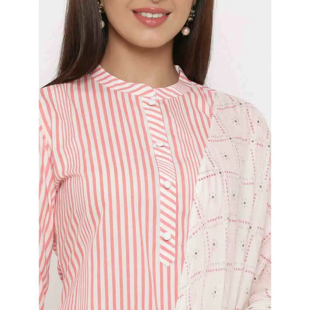 Kipek Womens Lahariya Printed Cotton Fabric Kurta With Pant and Dupatta Peach Color (Set of 3)