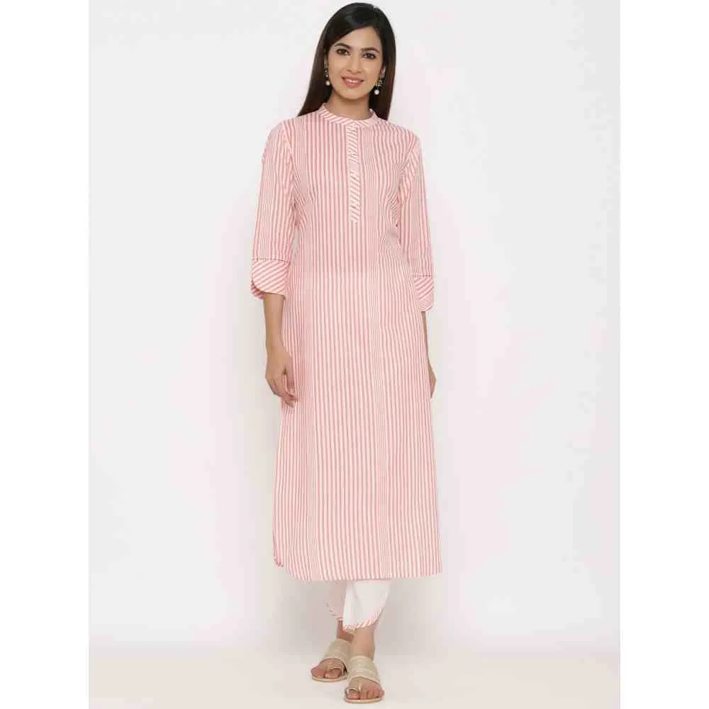 Kipek Womens Lahariya Printed Cotton Fabric Kurta With Pant and Dupatta Peach Color (Set of 3)