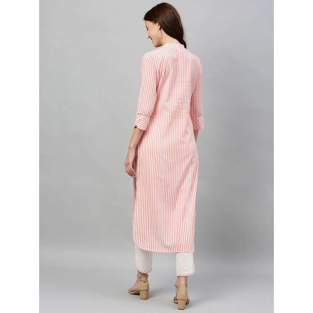 Kipek Womens Peach-Coloured and White Printed Kurta With Trousers (Set of 2)