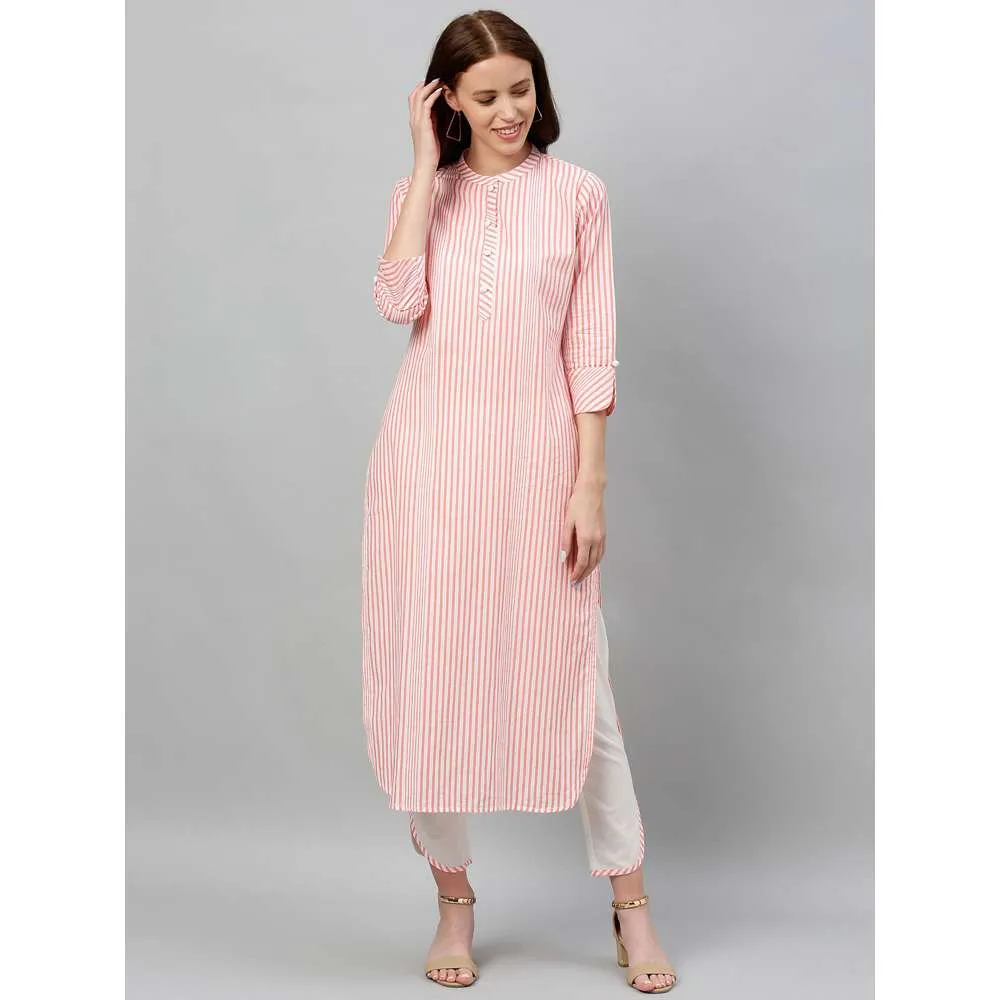 Kipek Womens Peach-Coloured and White Printed Kurta With Trousers (Set of 2)