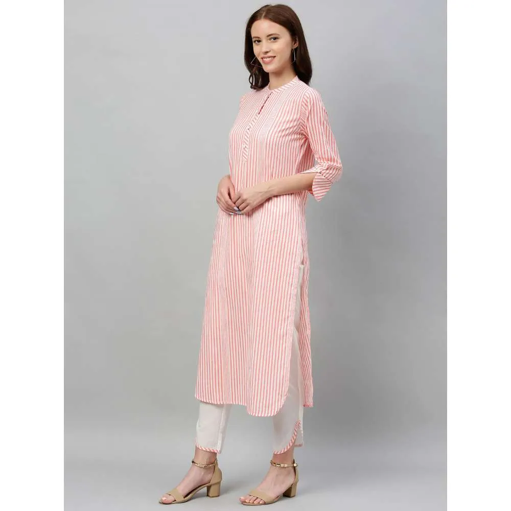 Kipek Womens Peach-Coloured and White Printed Kurta With Trousers (Set of 2)