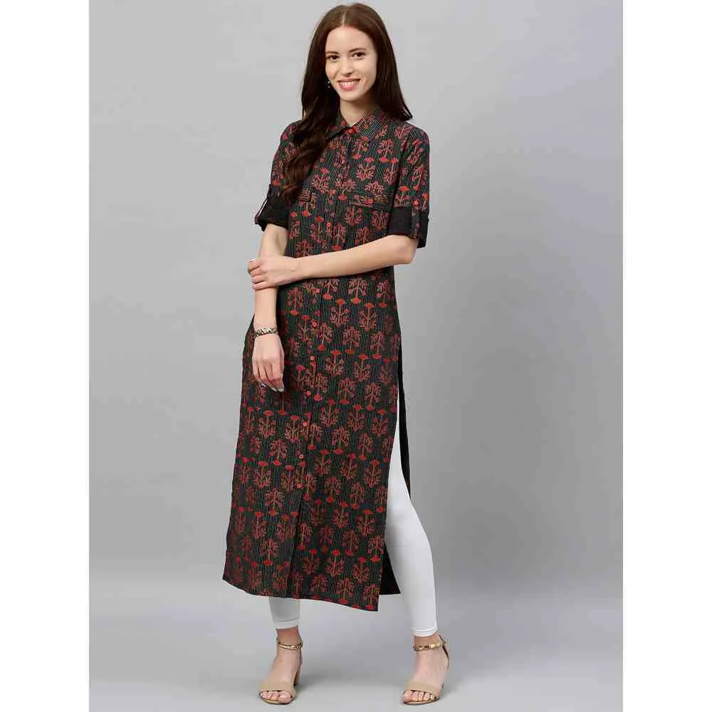 Kipek Womens Printed D-Line Cotton Fabric Straight Kurta Black Color