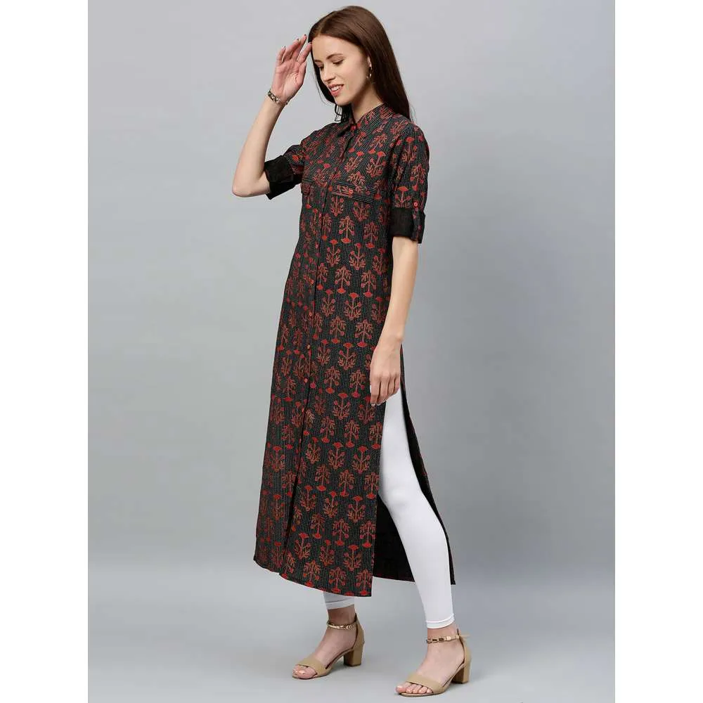 Kipek Womens Printed D-Line Cotton Fabric Straight Kurta Black Color