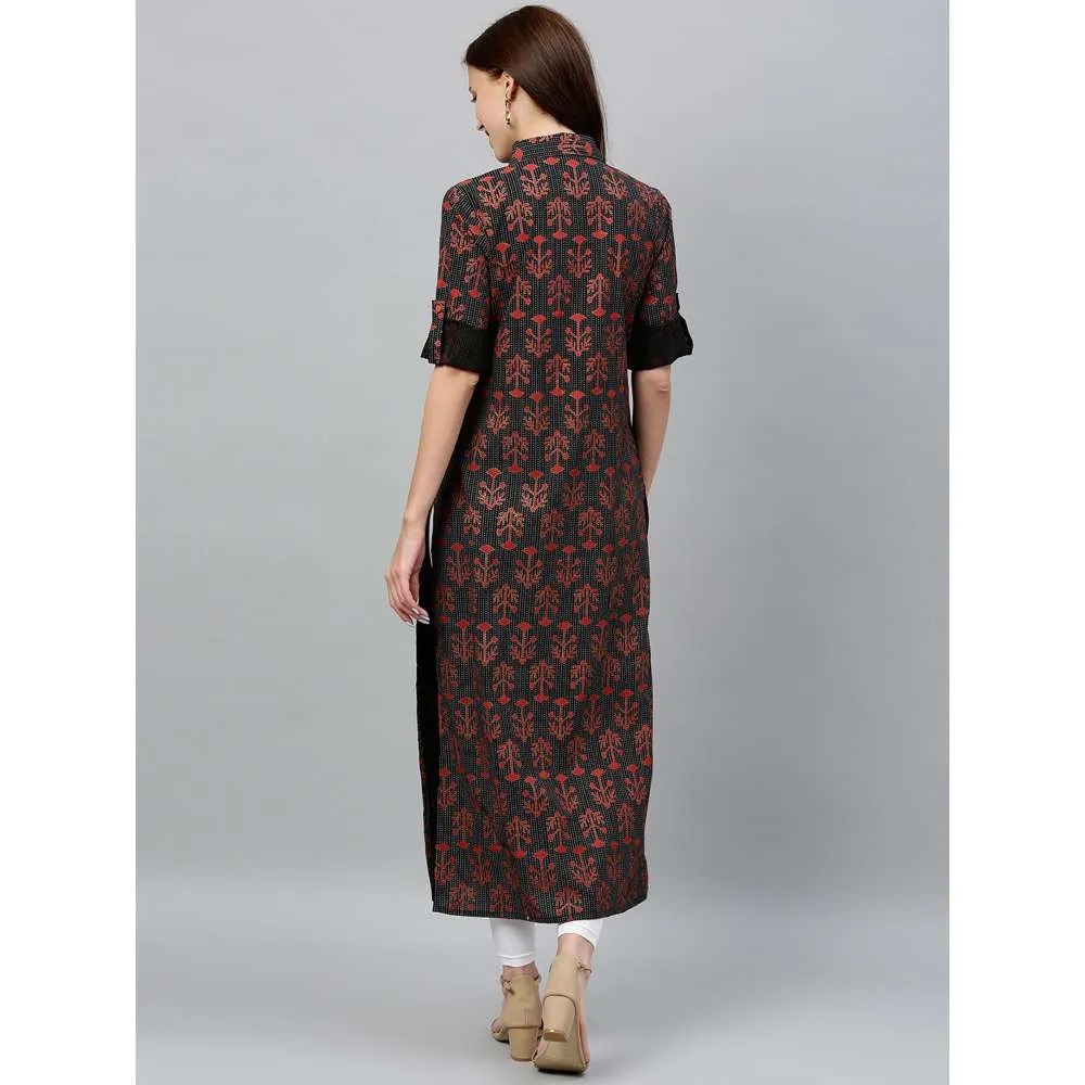 Kipek Womens Printed D-Line Cotton Fabric Straight Kurta Black Color