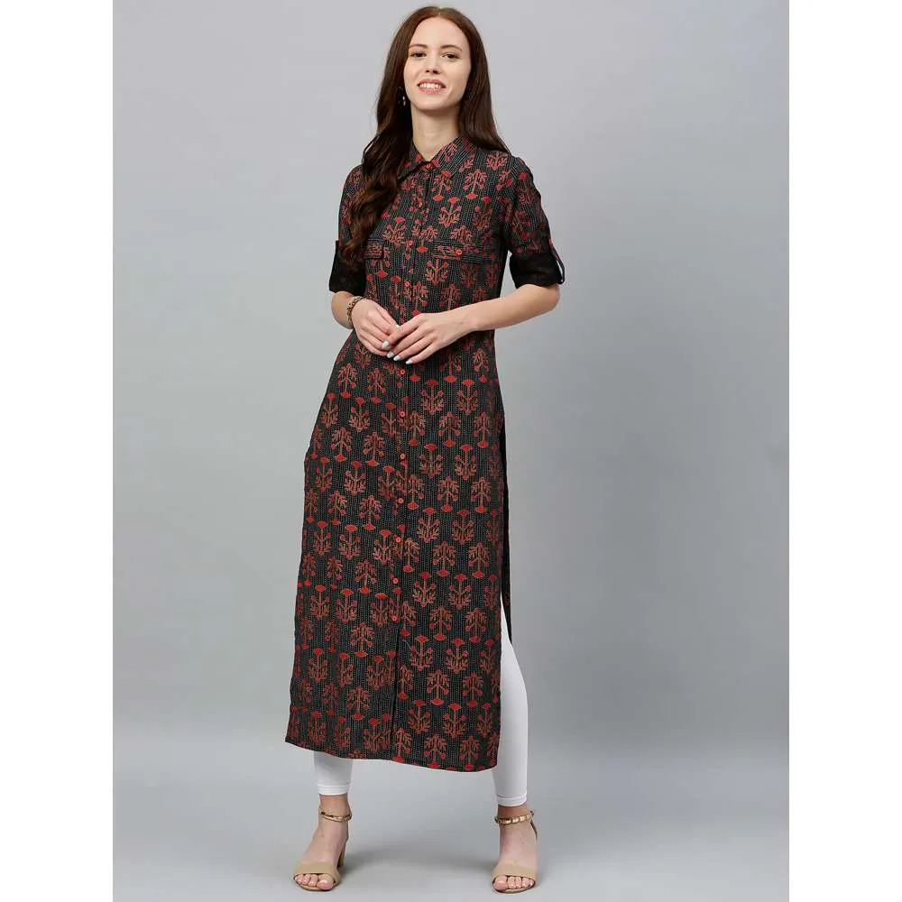Kipek Womens Printed D-Line Cotton Fabric Straight Kurta Black Color