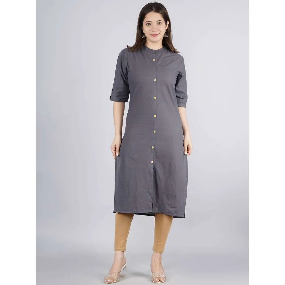 Kipek Womens Solid Cotton Fabric Kurta Grey Color
