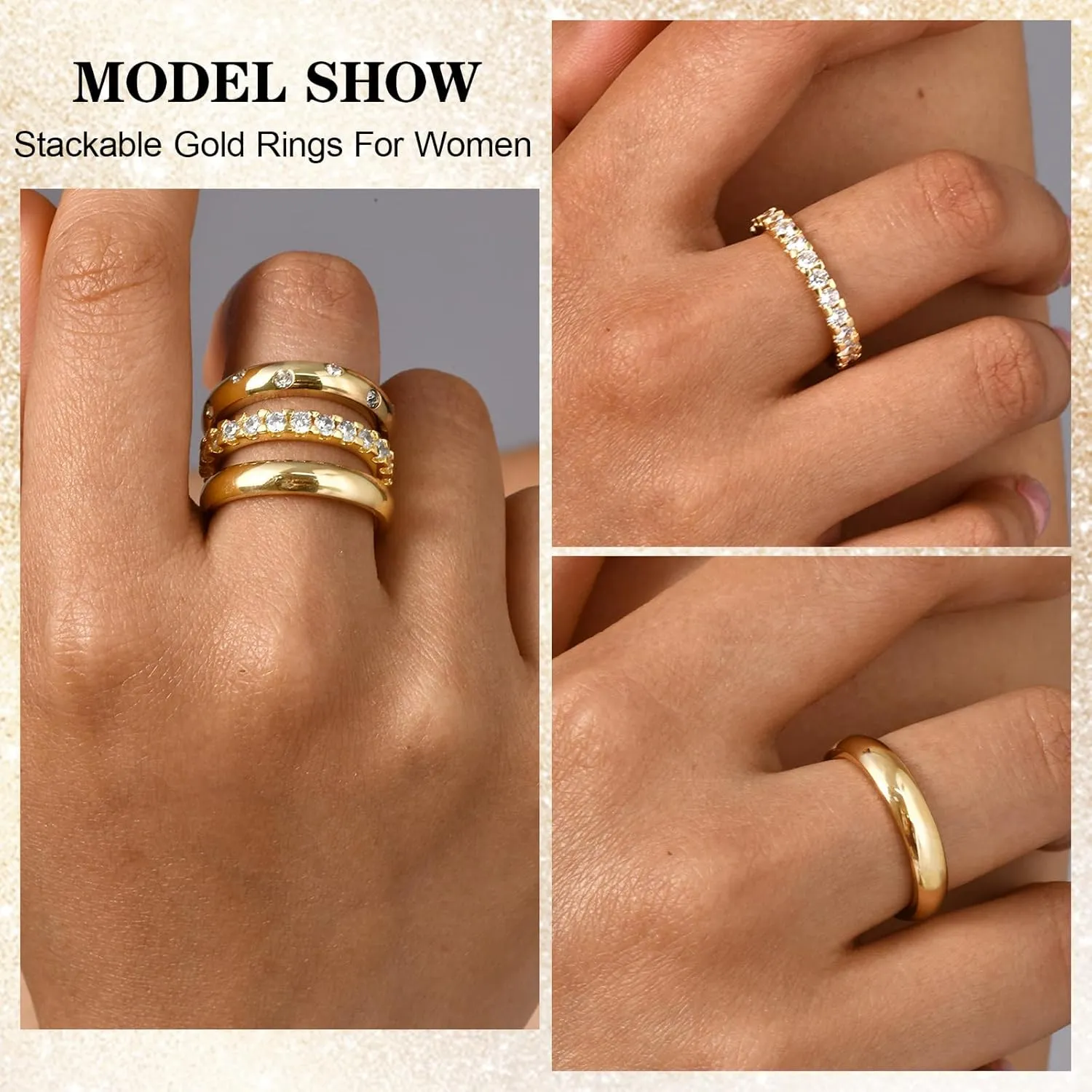 KSF Stackable Gold Rings for Women - 14K Gold Plated Rings Set, Non Tarnish Dainty Cubic Zirconia Stack Rings for Women Trendy Jewelry Gift for Her