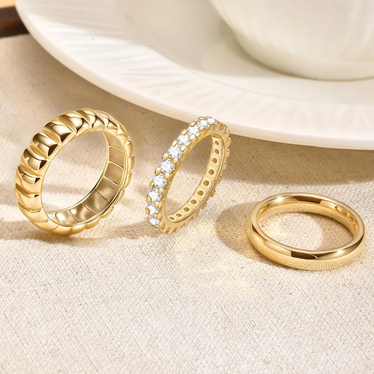 KSF Stackable Gold Rings for Women - 14K Gold Plated Rings Set, Non Tarnish Dainty Cubic Zirconia Stack Rings for Women Trendy Jewelry Gift for Her