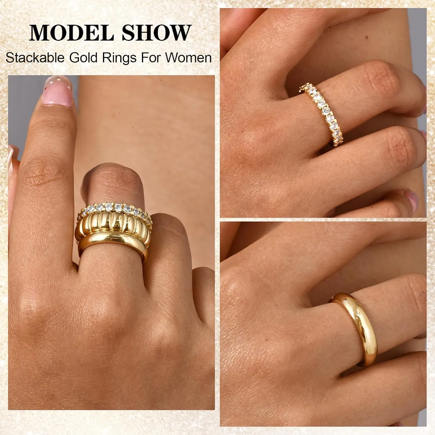 KSF Stackable Gold Rings for Women - 14K Gold Plated Rings Set, Non Tarnish Dainty Cubic Zirconia Stack Rings for Women Trendy Jewelry Gift for Her