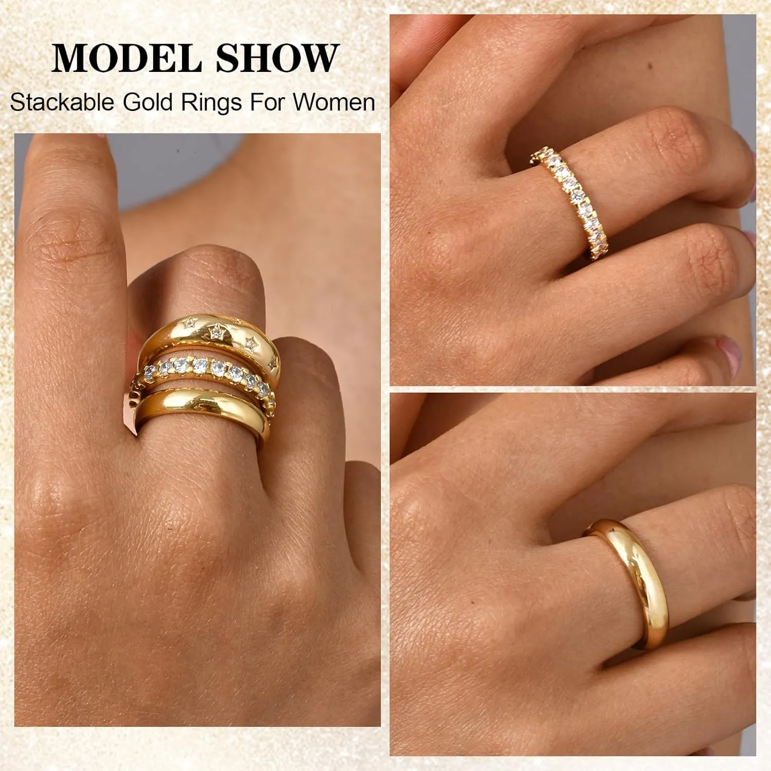KSF Stackable Gold Rings for Women - 14K Gold Plated Rings Set, Non Tarnish Dainty Cubic Zirconia Stack Rings for Women Trendy Jewelry Gift for Her